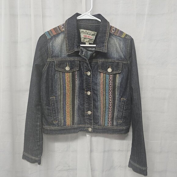 Hot Kiss Blue Denim Aztec Tapestry Jean Jacket Bohemian Southwestern Cropped L - Picture 8 of 11
